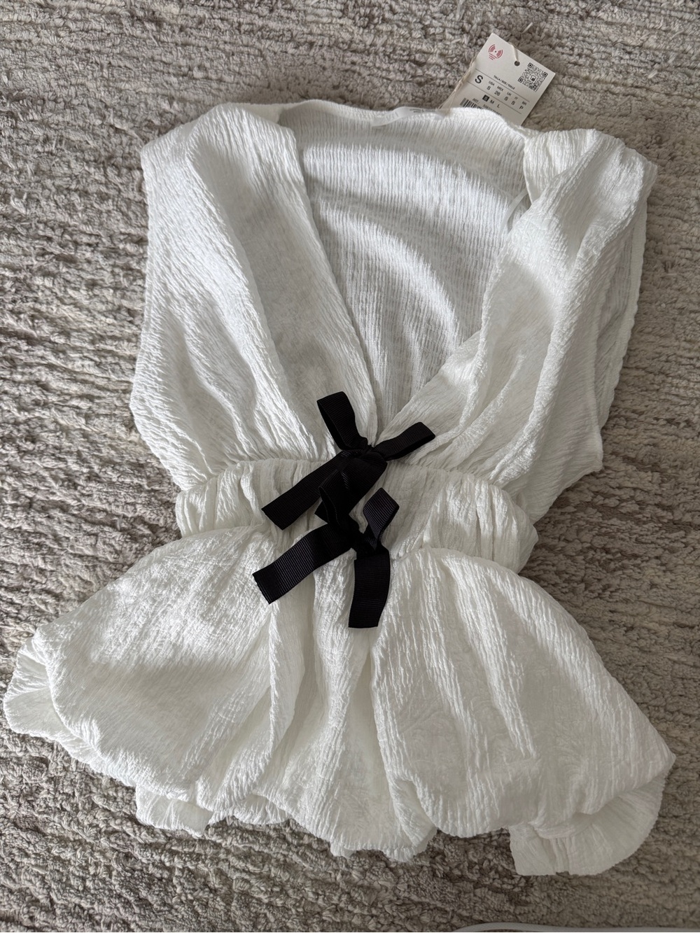 Super Cute White Peplum Top with Black Waist Tie Size S
